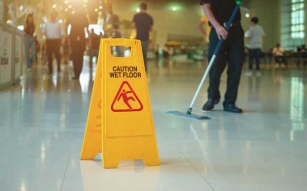 A person mopping behind a wet floor sign.