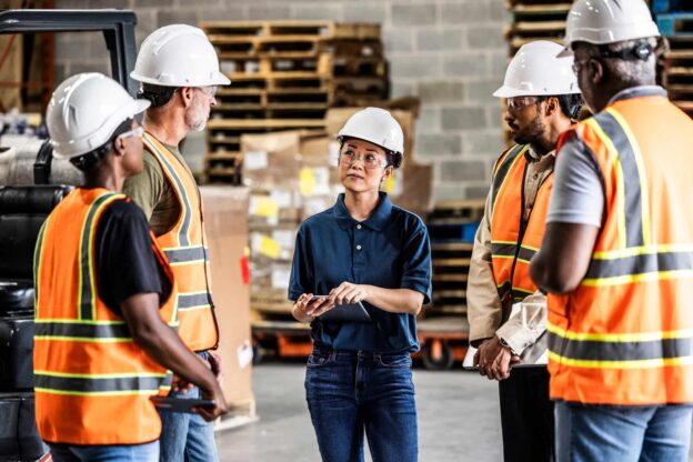 Female warehouse supervisor speaking with a group of employees