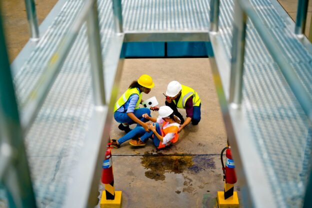 Construction workers helping a co-worker that slipped and fell.