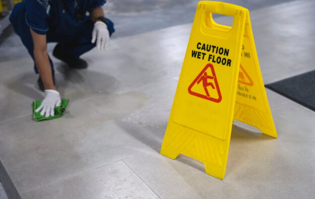 Employee Wipes the Floor Next to a Wet Floor Caution Sign